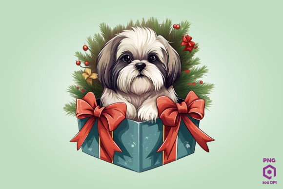 Christmas Shih Tzu Dog Gift Box Graphics for Editorial Use