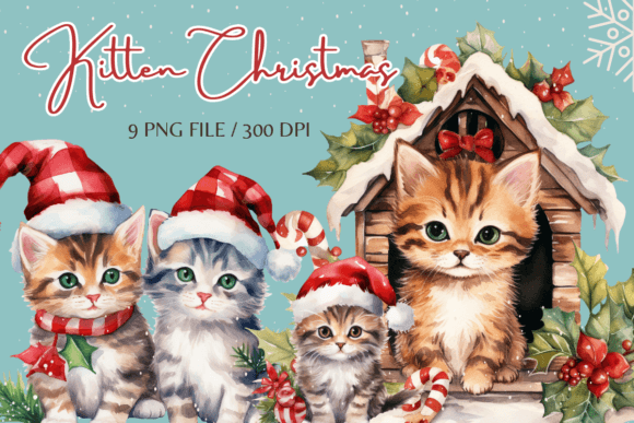 Cute Kitten Christmas Clipart Graphics for Illustrations